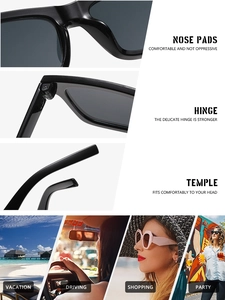Detail view of reinforced hinges and ergonomic nose pads on square frame sunglasses