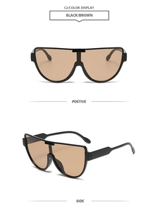 Details einer Halbrand-Sonnenbrille mit schwarzem Rahmen und braunen Gläsern