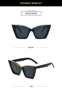 Front and side views of black cat-eye sunglasses with elegant gold metal top trim