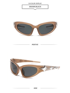 Détail de lunettes de soleil cat eye futuristes avec étoiles et monture marron