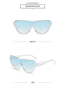 Detailansicht der transparenten rahmenlosen Schild-Sonnenbrille mit blauem Farbverlauf