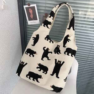 Canvas Tote Bag Cream Beige Bear Print Large Capacity Wide Strap Shoulder Handbag Cute Student Casual Shopping Bag