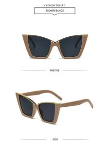 Detail of brown cat-eye sunglasses with gold trim and black lenses in two views