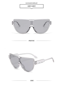 Makroaufnahme grauer Oversize Panorama Sonnenbrille mit Front und Seitenansicht