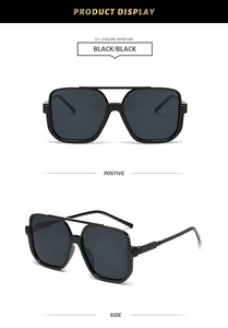 Front and side view of oversized square double bridge sunglasses in sleek black finish
