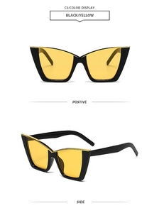 Detail view showing front and side of black cat-eye sunglasses with yellow lenses