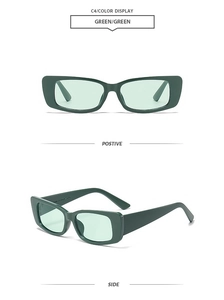 Vues de face et de côté de lunettes de soleil rectangulaires rétro vertes à verres verts