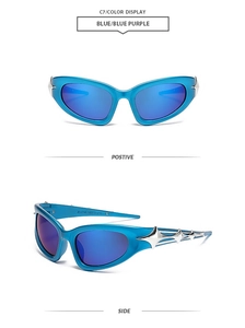 Vue détaillée des lunettes punk futuristes Y2K avec décor d'étoiles et verres bleu violet