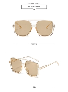 Front and side views of brown double-bridge square sunglasses with acetate frames