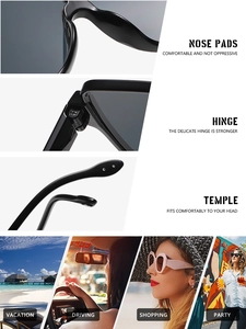 Detailansichten der Halbrand-Sonnenbrille mit Scharnieren, Nasenpads und Lifestyle-Szenen