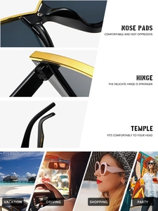 Detail view of cat eye sunglasses with metal hinges, nose pads, and lifestyle shots