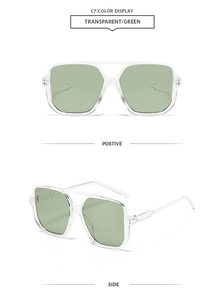Front and side views of transparent square frame sunglasses with light green lenses