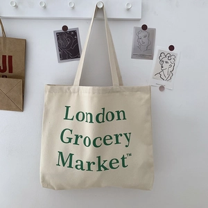 Large Capacity Canvas Tote Bag London Grocery Market Print Zipper Shoulder Handbag Vintage Literary Style Women
