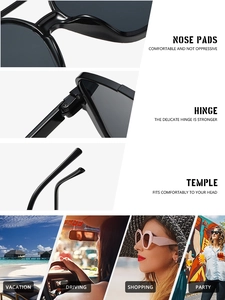 Detail shots of comfortable nose pads and durable hinges on black square sunglasses
