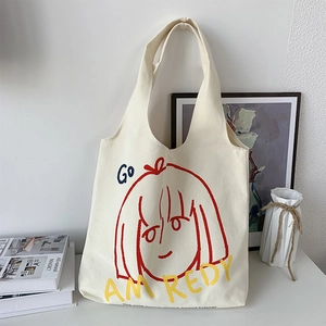 Artistic Women Canvas Tote Bag Large Capacity Cartoon Girl Print Shoulder Handbag Japanese Ins Style Student Schoolbag
