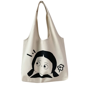 Minimalistische cremefarbene Canvas-Einkaufstasche mit süßem Cartoon-Mädchen-Print