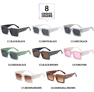 Detailed grid showing 8 stylish colors of rhinestone-encrusted square sunglasses