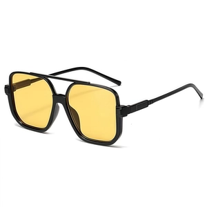 Fashionable square oversized sunglasses with black double-bridge frame and yellow lenses