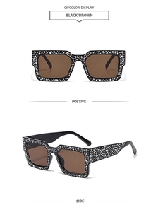 Macro shot of oversized square sunglasses with sparkling rhinestones on broad temples