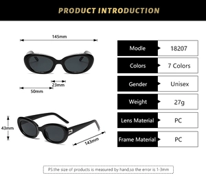 Detailed size chart for retro oval sunglasses showing dimensions and technical specifications