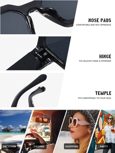 Detailed views of durable hinges, comfortable nose pads and stylish square frame sunglasses
