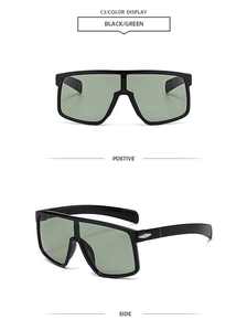 Front and side views of black oversized cycling sunglasses with mint green lenses