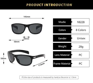 Detailed size chart for retro square sunglasses showing frame width and lens dimensions