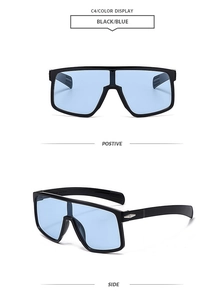Front and side view of large frame oversized cycling sunglasses with blue tinted lenses