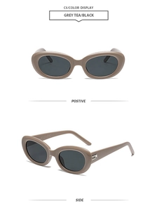 Detail view of oval C5 grey tea frame sunglasses with black lenses from front and side