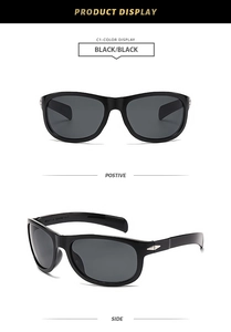 Front and side views of rectangular black polarized sunglasses with silver metal accents