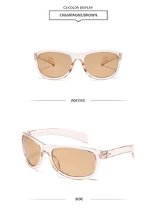 Detailed front and side view of champagne frames with brown lenses fashion sunglasses