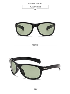 Detailed front and side views of black full-frame sunglasses with light green lenses