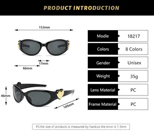 Detailed size specifications for heart-decorated oval sunglasses with 153mm frame width