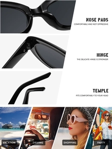 Detail of metal hinges, nose pads and ergonomic temples on oval cat eye sunglasses