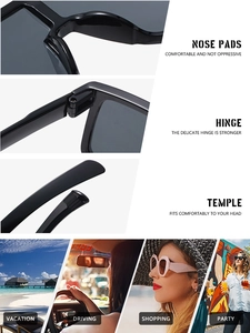 Detail of comfortable nose pads, sturdy hinges and outdoor lifestyle scenes for sports sunglasses
