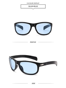 Detail view of black square sunglasses with blue lenses and JP78528 frame specifications