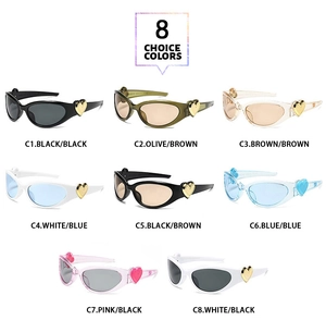 Detailed grid of cat-eye sunglasses with heart-shaped metal accents in eight color combinations