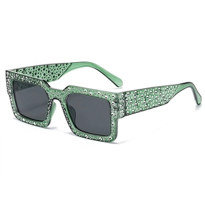 Stylish square green rhinestone sunglasses with dark grey lenses for fashion wear