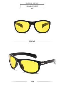 Detail view of sports sunglasses featuring a black frame and high-contrast yellow lenses