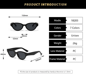 Detailed size specifications of black cat-eye sunglasses with dimensions and PC frame parameters