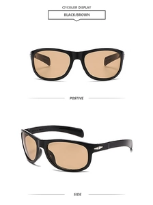 Detail view of sport sunglasses with black frame, brown lenses and silver diamond rivets