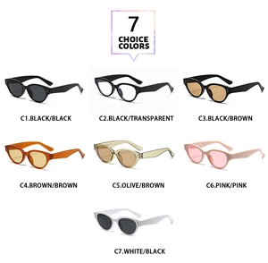 Showcase of seven color options for cat eye sunglasses including amber and olive green