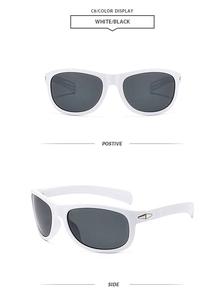 Front and side view of white full-frame sunglasses with dark grey UV protective lenses