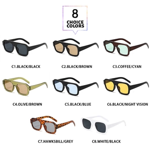 Detailed grid showing 8 vintage square oversized sunglasses in various frame and lens colors