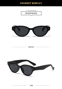 Front and side view of black cat-eye sunglasses with silver dot rivets on the frame