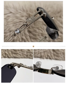 Detail of silver metal temples with star engraving and blue heart rhinestone on sunglasses