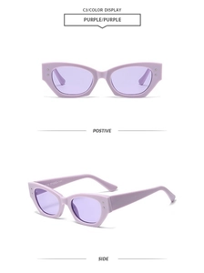 Vue détaillée des lunettes de soleil œil-de-chat violettes avec rivets et profil latéral