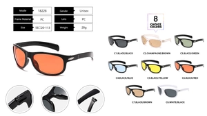 Detailed specs of sports sunglasses model 18228 with multi-color options and frame dimensions