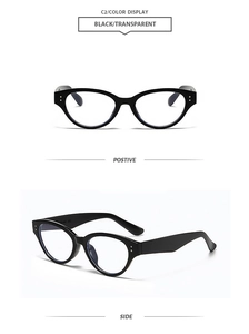 Front and side views of vintage black cat-eye frames with stylish metal stud accents