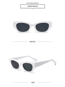 Vue de face et de profil de lunettes de soleil œil-de-chat blanches avec rivets argentés